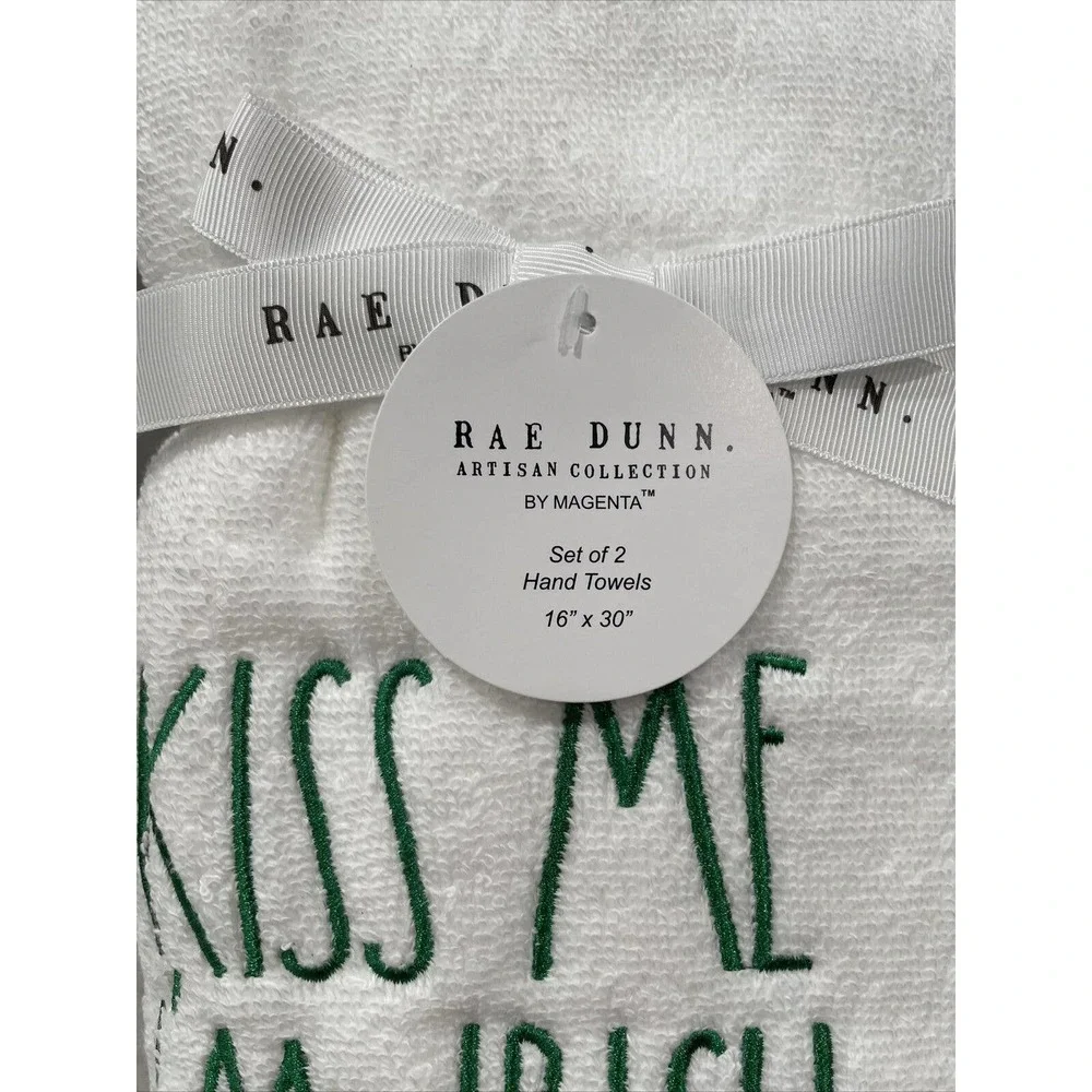 KISS ME I’M IRISH Set of 2 Rae Dunn St. Patricks Day Embroidered Hand Towels NEW